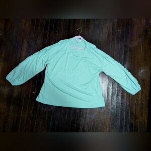 Crown & Ivy Mint Green Round Neck Long Ruffle Balloon Sleeve Blouse